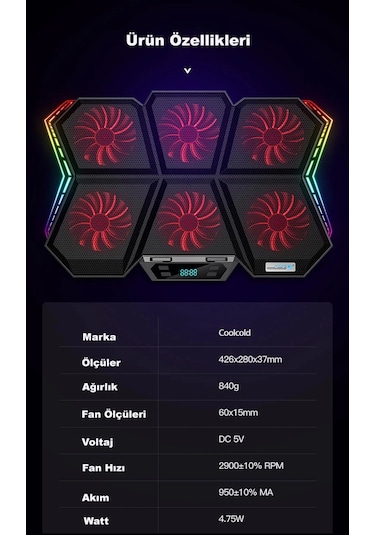 Coolcold Led K40 6 Fanlı 17 İnç Rgb Laptop Notebook Soğutucu Stand