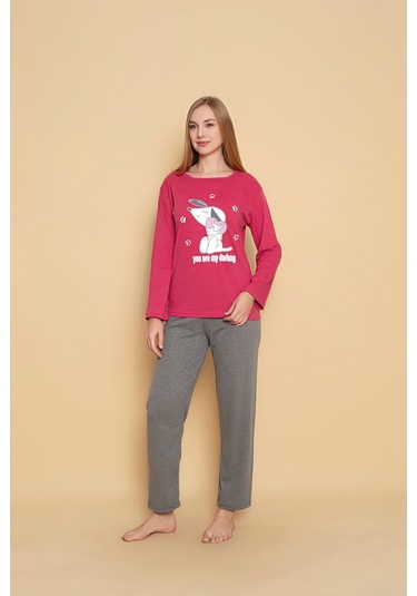 Kadın Penye Sıfır Yaka Uzun Kol Pijama Takımı Gri Kırmızı