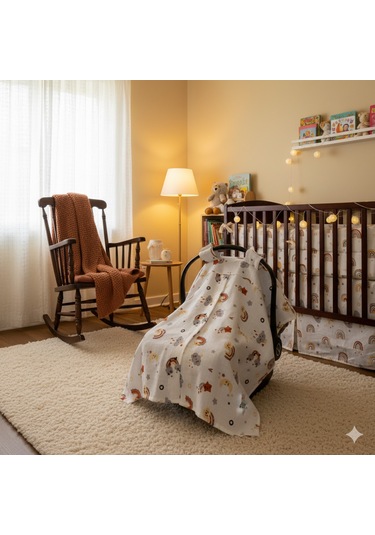 Gökkuşağı ve Yıldızlar Deseni Pamuk Müslin Kumaş Puset Örtüsü Rüya Temalı Puset Örtüsü Beyaz