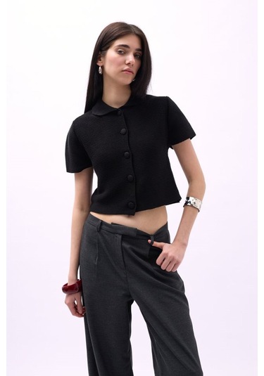 Bebe Yaka Düğmeli Bluz Siyah