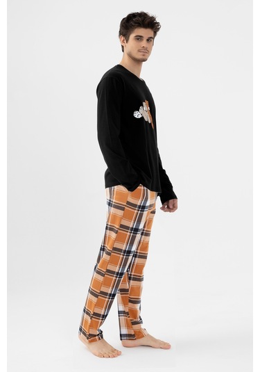 Erkek Pamuklu Uzun Kollu Ayıcık Baskılı Alt Ekose Cep Detaylı Pijama Takımı Ke30113 Siyah - Kahverengi
