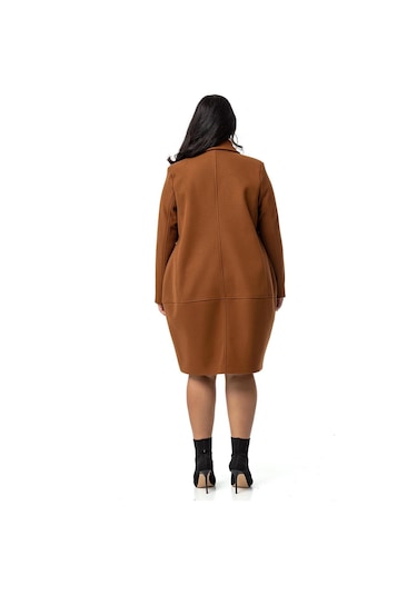 Büyük Beden Torba Cepli Tek Düğmeli Astarlı Kahverengi Kaşe Kaban-kahverengi Kahverengi