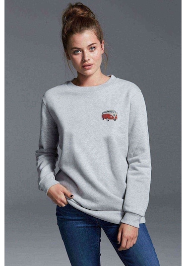 Araba Minibüs Kırmızı T2 Baskılı Gri Kadın Sweatshirt