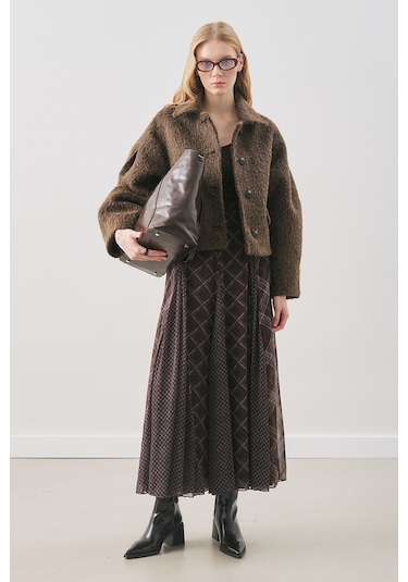 Ekose Desenli Şifon Etek Kahve Aw25etk00011-21 Kahve