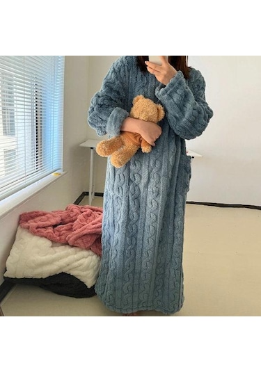 Sonbahar Kış Gecelik Kalın Mercan Polar Gevşek Cepler Sıcak Düz Renk Yuvarlak Boyun Bükülmüş Doku Uzun Kollu Tam Boy Termal Ev Tekstili Beyaz