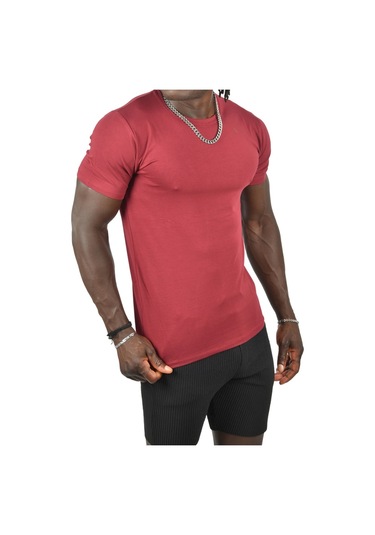 Deepsea Erkek Nar Çiçeği Sıfır Yaka Dar Kesim Likralı Düz Basic Tişört 1801131 Nar Çiçeği