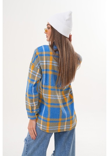 Kadın Desen Bloklu Oduncu Oversize Bol Ve Geniş Kalıp Casual Cepli Yakalı Ceket Gömlek Çok Renkli