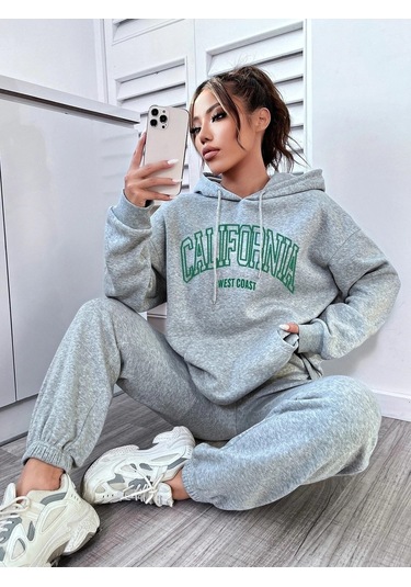 Eşofman Takımı Sweatshirt Jogger - Gri Baskılı Oversize Şardonlu Kapüşonlu Gri
