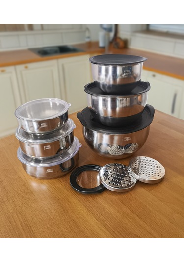Steel&More Çelik Rendeli Saklama Kabı 9parça Ve 3'lü Saklama Kabı 15 Parça Set Gri
