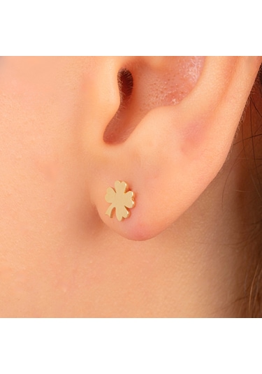 Altın Küpe - 14 Ayar Altın Minimal Yonca Yaprağı Küpe Sarı