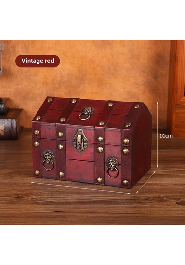Vintage Kırmızı Ahşap Saklama Kutusu, Kilit Ve Şifreli Ev Şeklinde A