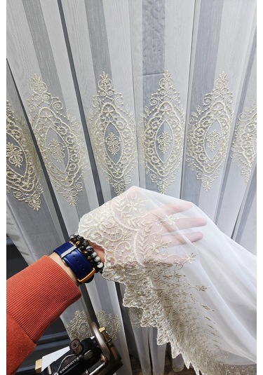 Tül Perde Farbateks Dikim Örme Çizgi Yeni Model Tasarım Renk Desen 3kat Sık Pileli Tül Perde Gold-sarı