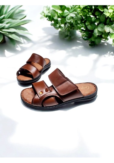 Erkek Gerçek Deri Cırtlı Ayarlanabilir Ev Ve Dışarı Terliği Taba