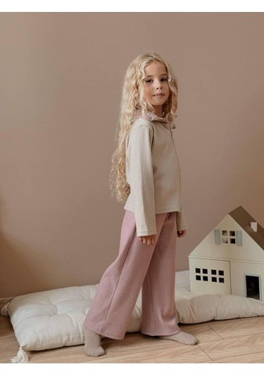 Kız Çocuk Rib Kumaş Fermuarlı Üst & Geniş Paça Alt Takım Bej / Gül Kurusu 1411 Karışık