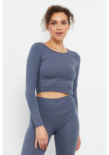 Tommy Life Petrol Uzun Kollu Dar Kalıp O Yaka Kadın Crop Top T-shirt - 97150 Petrol