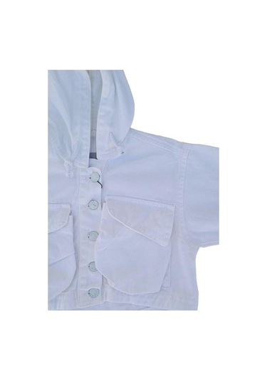 Kız Çocuk Büyük Cep Detaylı Kolları Lastikli Kapüşonlu Ceket-12376-beyaz