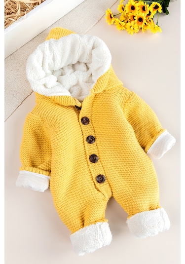 Triko Örme Welsoft Astarlı Kapüşonlu Kışlık Bebek Tulum Sarı