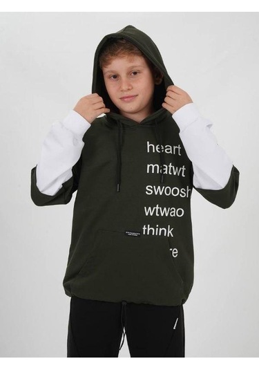 Çocuk Pamuklu Kapüşonlu Heart Mat Yazılı Sweatshirt-14830 Haki