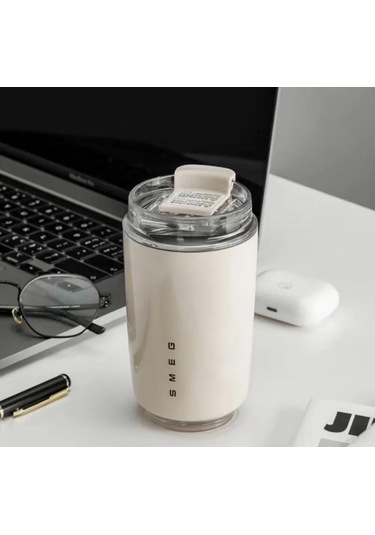 Monyee Smeg İtalyan Üretimi 320 Ml Çift Duvarlı Paslanmaz Çelik Termos Kupa, Kapaklı, Beyaz, Günlük Kullanım İçin Beyaz Sarı