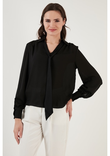 Lela Bağlama Detaylı V Yaka Şifon Bayan Gömlek 611Bz0047 Siyah