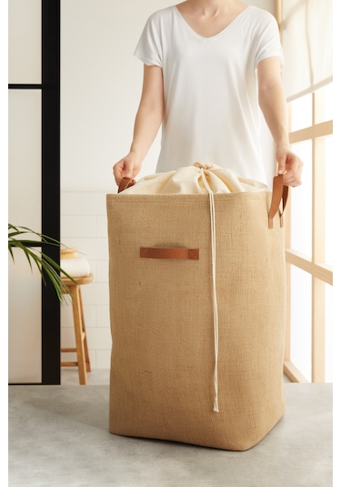 Ocean Home Textile Ağzı Büzgülü Jüt Çamaşır Sepeti 36 x 36 x 57 cm