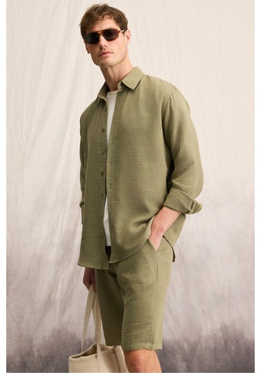 Raımo Erkek %100 Pamuklu Müslin Kumaş Manşetli Uzun Kol Comfort Fit Haki Gömlek
