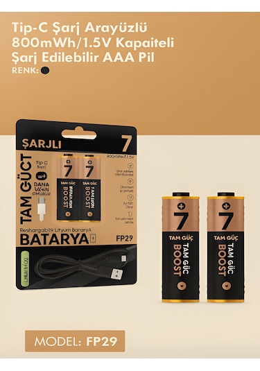Type-c Şarjlı 800mwh 1.5v Şarj Edilebilir 2'li Aaa İnce Pil - Lityum İyon Batarya