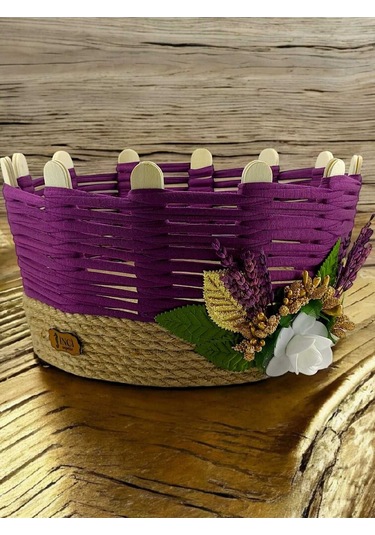 Çok Amaçlı Sepet Hasır El Yapımı Organizer Takı Kutusu Komodin Makyaj Banyo Mor