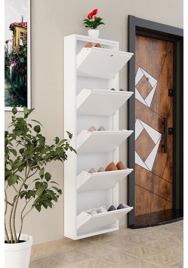 Kilitli 5 Kapaklı Metal Ayakkabılık Beyaz Beyaz