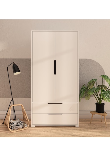 Flora 2 Kapaklı 2 Çekmeceli Gardırop Beyaz Elbise Dolabı
