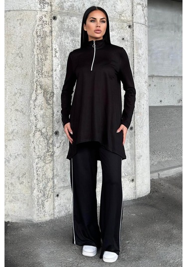 Siyah Asimetrik Kesim, Fermuarlı Bluz & Bol Paça Pantolon - Viskon İki İplik Kumaş Alt & Üst Takım Siyah