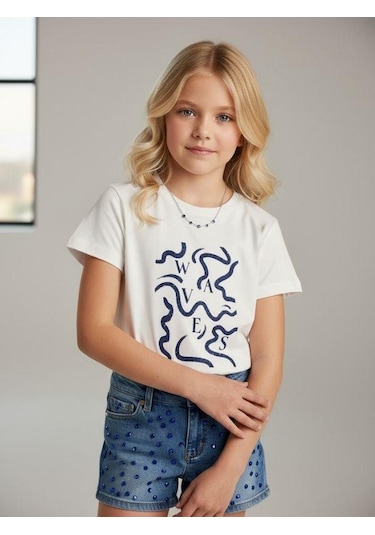 Zekids Kız Çocuk Soyut Baskılı Basic T-shirt-16972 Renkli