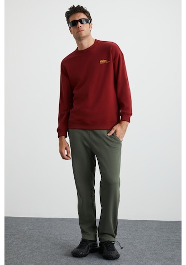 Ernest Erkek Yumuşacık Içi Polarlı Baskı Detaylı Organik Pamuk Oversize Bordo Sweatshirt