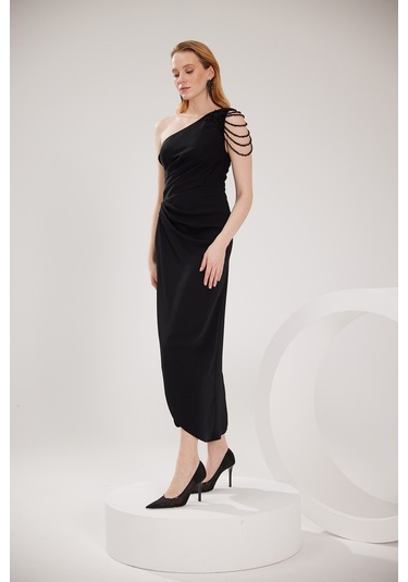 Doridorca Kadın Büyük Beden Tek Omuz Ve Omzu Taş Detaylı Uzun Abiye Elbise 6053 Siyah