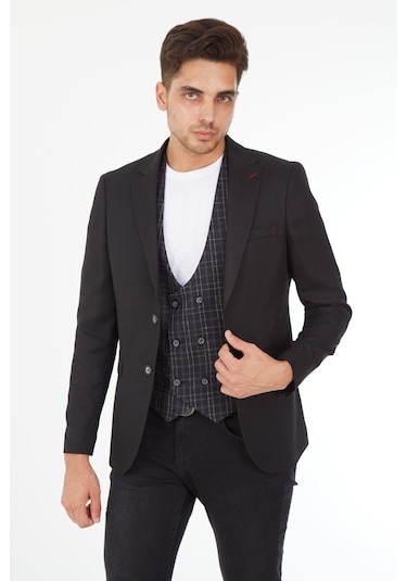Sposo 5139 Ekose Yelekli Dar Kalıp Siyah Erkek Blazer Ceket Siyah
