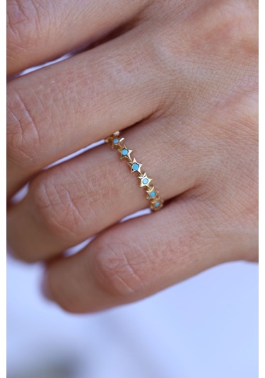 Yenigün Kuyumculuk 14 Ayar Altın Firuze Taş Detaylı Yıldız Dizisi Yüzük Yzk26055