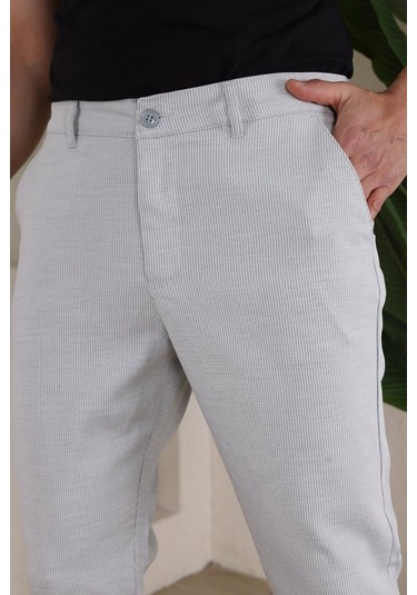 Erkek Casual Slim Fit Cord Desenli Kumaş Pantolon Gri