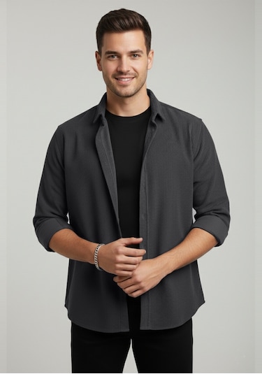 Deepsea Erkek Füme Kadife Fitilli Rahat Kesim Gömlek Yumuşak Dokulu Likralı Kadife Gömlek 2600758 Füme