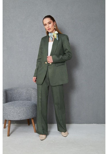 Kare Düğmeli Yünefekt Takım Haki Haki