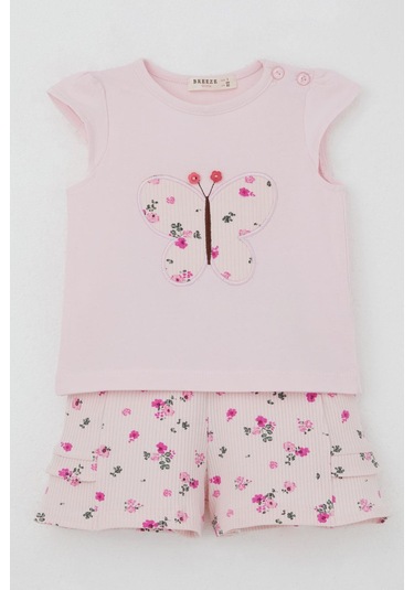 Breeze Kız Bebek Şortlu Takım Çiçek Baskılı Kelebek Nakışlı Düğme Aksesuarlı 6 Ay-2 Yaş, Pembe Pembe