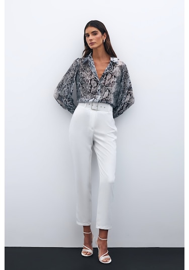 Sateen Yüksek Bel Kemerli Pantolon - Ekru