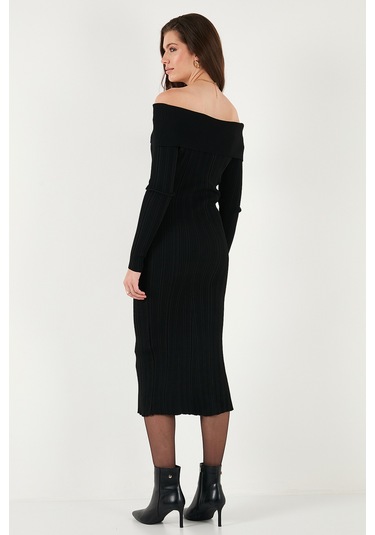 Lela Premium Fitilli Carmen Yaka Slim Fit Midi Boy Triko Bayan Elbise 680El00033 Siyah