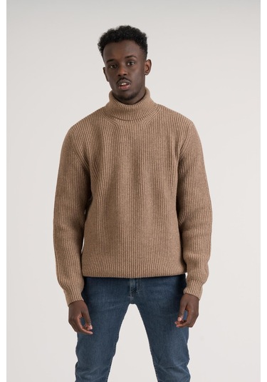 Regular Kesim Kalın Örgülü Yünlü Tam Balıkçı Triko Kazak Kahverengi