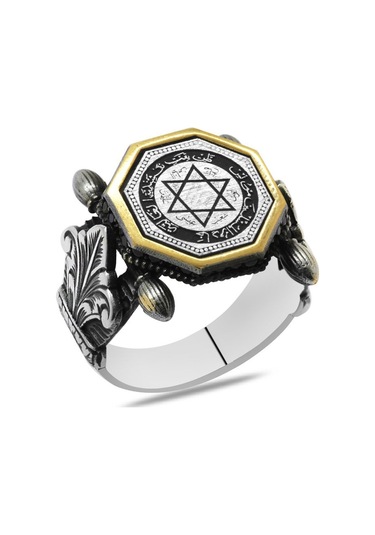 Otantik Tasarım Siyah Zirkon Taşlı"mühr-i Süleyman" İşlemeli 925 Ayar Gümüş Erkek Yüzük