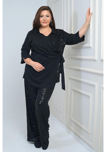 Kadın Kruvaze Polo Yaka Tek Taraf Pullu Krep Şifon Bluz Beli Lastikli Astarlı Bol Paça Pulpayet Pantolon Büyük Beden 2'li Takım-41642 Siyah