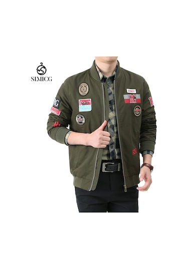 Erkek İlkbahar Ve Sonbahar Uzun Kollu İnce Beyzbol Yaka Baskılı Ceket Yeşil