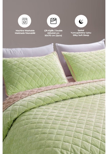 Kapitone Kadife Yatak Örtüsü Seti Çift Kişilik Supersoft 3 Parça Yumuşak Elyaf Dolgulu Yeşil Yeşil
