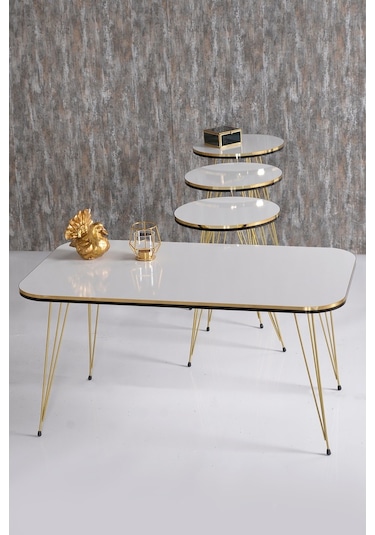 Zigon Sehpa Ve Orta Sehpa Kr Set Çift Gold Beyaz Tel Ayak