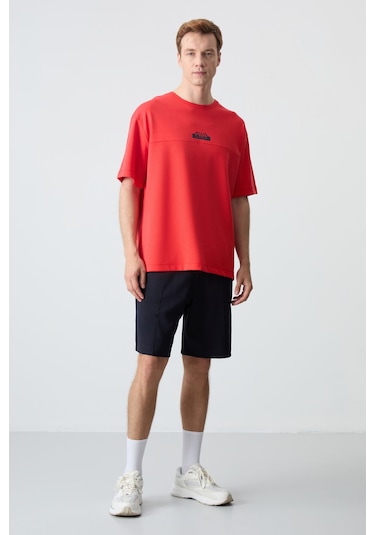Fiesta - Lacivert Pamuklu Kalın Yumuşak Dokulu Oversize Fit Basic Erkek Şort Takım - 85259 Kırmızı