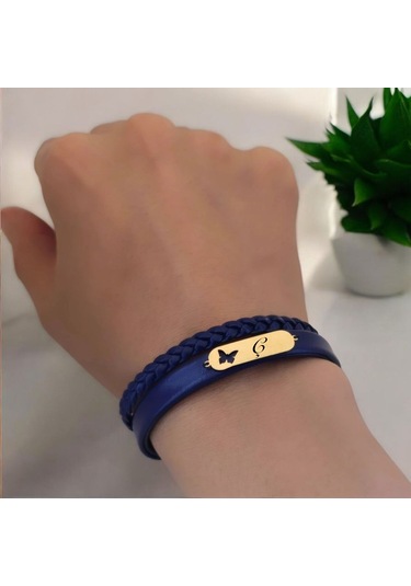 Archin Ç Harfine Özel Lacivert Derili Kelebek Motifli 14 Ayar Altın Plakalı Hediye Bileklik-616harf Ç